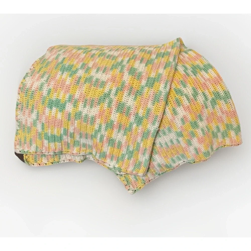 Handmade Crochet Knit Baby Blanket Granny Afghan Throw Green Pink Yellow Vintage